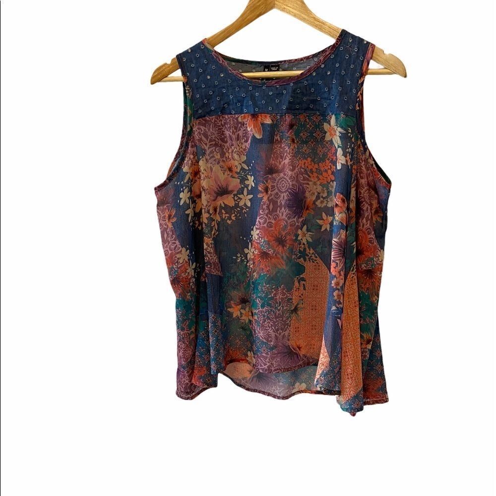 Boho Cold Shoulder Sleeved Floral & Denim Top S